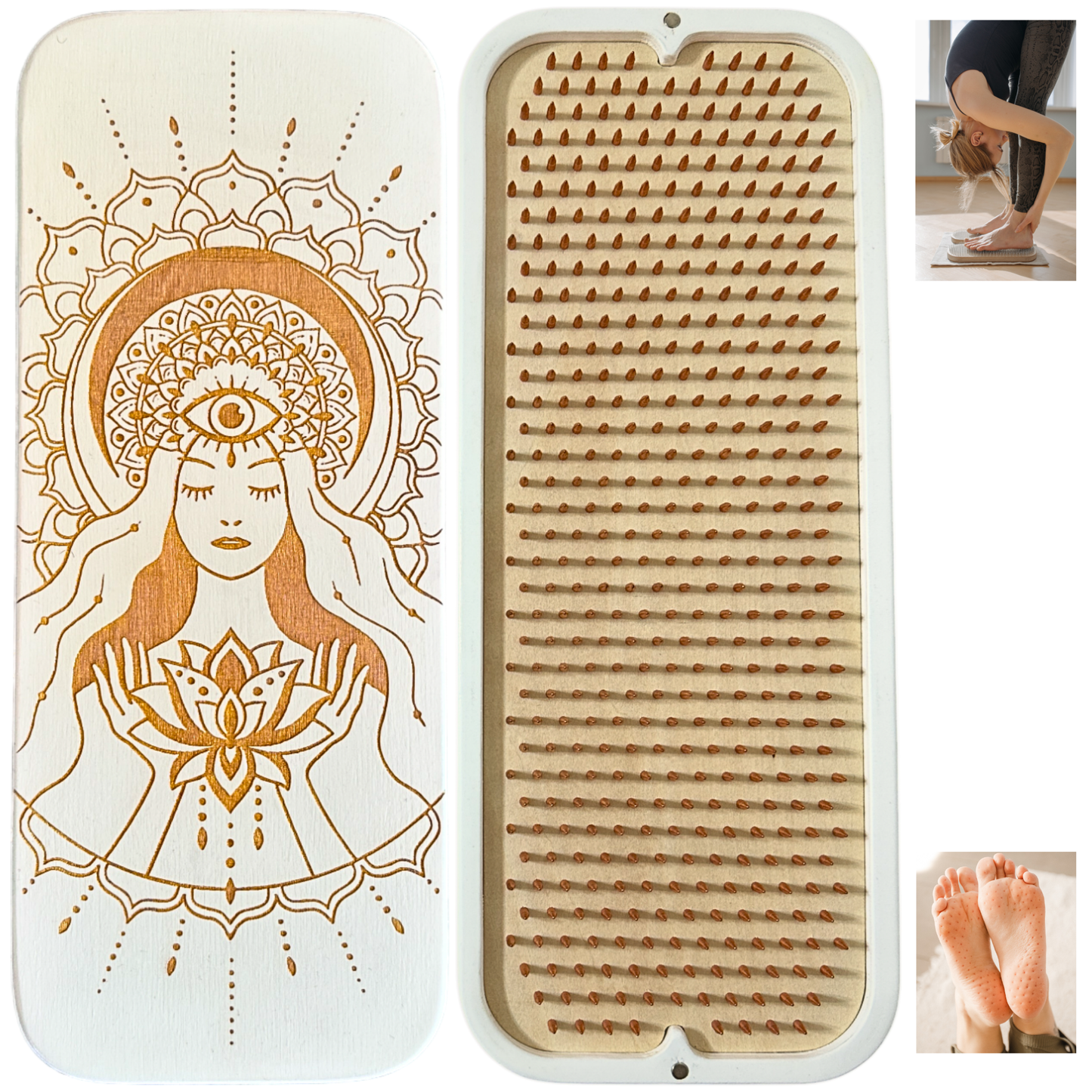 Sadhu Board, Premium Copper Nails, 0,39 In (10 mm), for Advanced Users, Light Foot Board, Wooden Nail Boards for Feet, Acupuncture Massage, Acupressure Mat, Nail Board, Yoga Gift (Lotus Flower White)