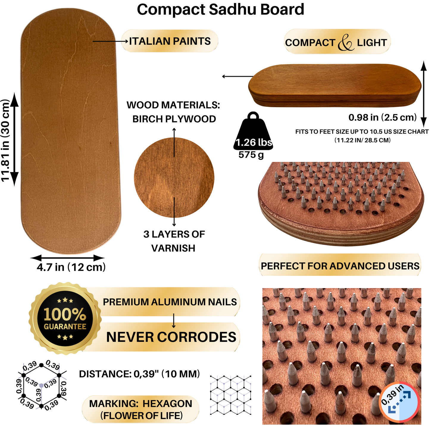 Sadhu Board with Aluminum Nails, Light Compact Sadhu Board, 0,39 In (10 mm), Handmade Wooden Sadhu Board for Standing on Feet, Acupuncture Massage, Yoga Gift