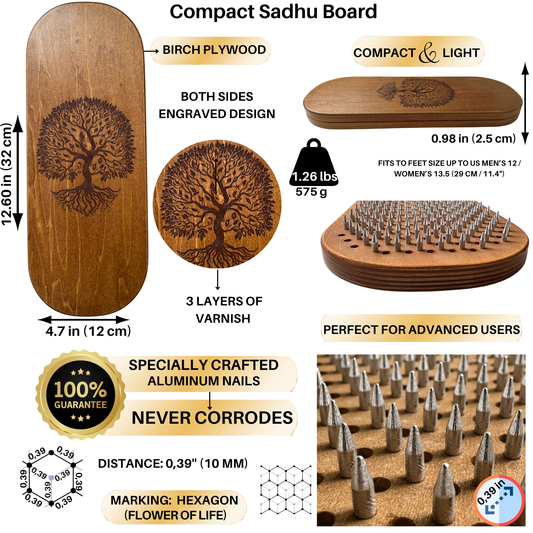 Sadhu Board with Specially Crafted Aluminum Nails, Light, Compact, Nails Board, 0,39 In (10 mm), Wooden Nail Board for Standing on Feet, Acupuncture Massage, Yoga Gift
