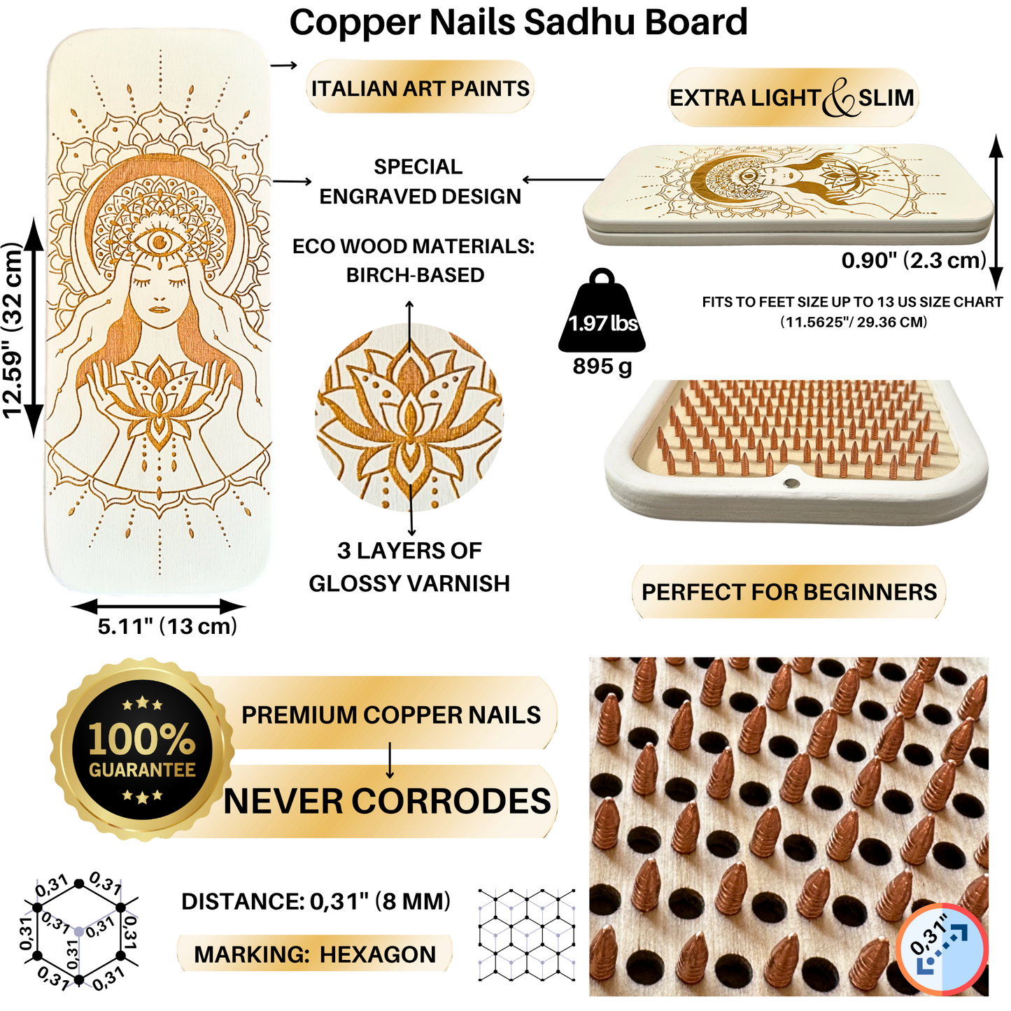 Sadhu Board with Copper Nails, 0.3 Inches (8 mm), Nail Boards for Feet, Slim Sadhu Wood Board for Yoga, Sadhu Nail Board, Yoga Gift