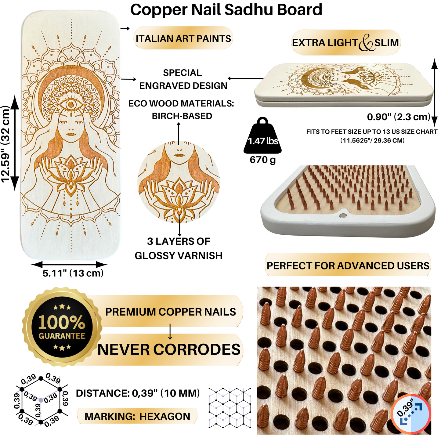 Sadhu Board, Premium Copper Nails, 0,39 In (10 mm), for Advanced Users, Light Foot Board, Wooden Nail Boards for Feet, Acupuncture Massage, Acupressure Mat, Nail Board, Yoga Gift (Lotus Flower White)
