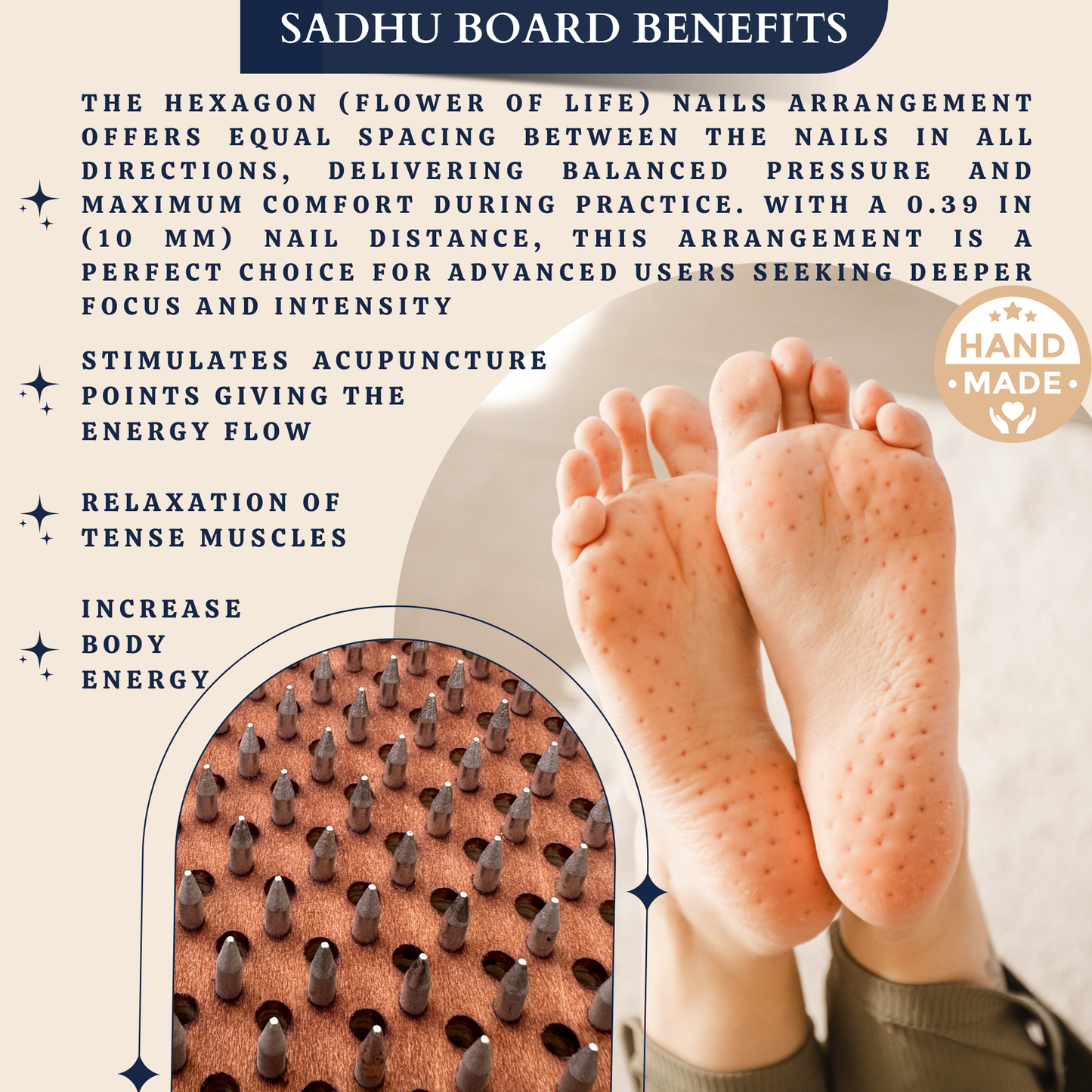 Sadhu Board with Aluminum Nails, Light Compact Sadhu Board, 0,39 In (10 mm), Handmade Wooden Sadhu Board for Standing on Feet, Acupuncture Massage, Yoga Gift