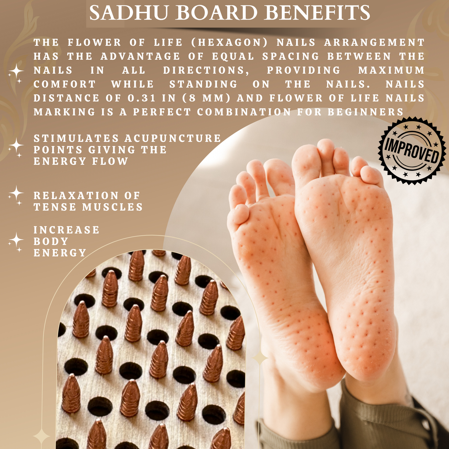 Sadhu Board with Copper Nails, 0.3 Inches (8 mm), Nail Boards for Feet, Slim Sadhu Wood Board for Yoga, Sadhu Nail Board, Yoga Gift