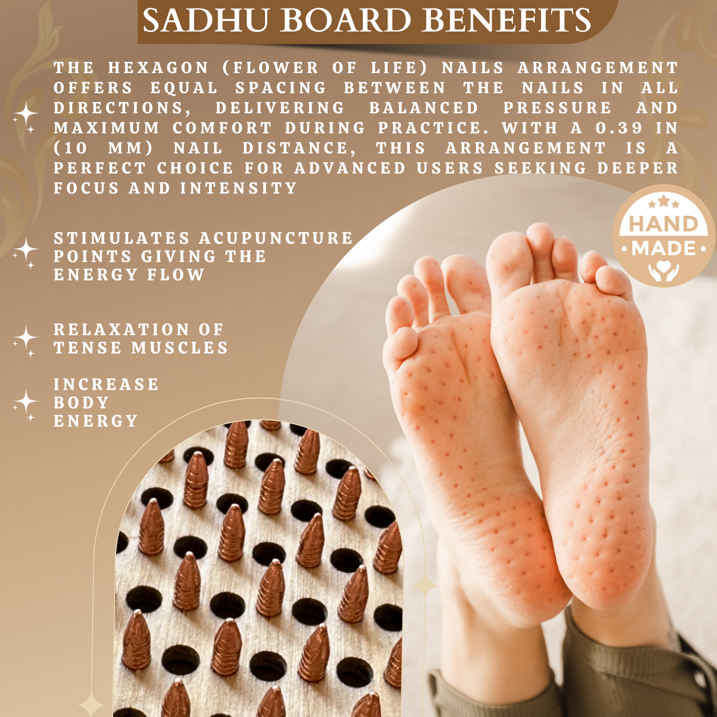 Sadhu Board, Premium Copper Nails, 0,39 In (10 mm), for Advanced Users, Light Foot Board, Wooden Nail Boards for Feet, Acupuncture Massage, Acupressure Mat, Nail Board, Yoga Gift (Lotus Flower White)
