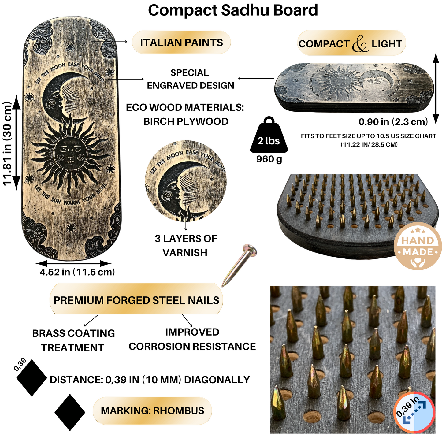 Sadhu Board for Standing nails, 0.39IN (10mm), Engraved Wooden Board, Compact Sadhu Board for Yoga Practice, Handmade Yoga Nails Board, Acupressure Foot Massage, Yoga Gift
