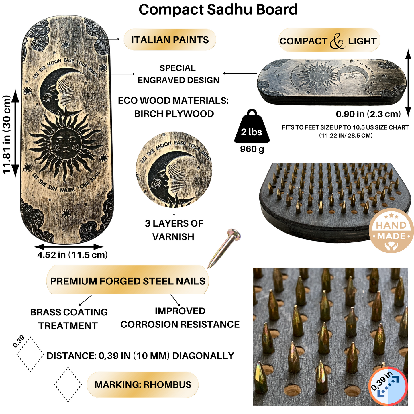 Sadhu Board for Standing nails, 0.39IN (10mm), Engraved Wooden Board, Compact Sadhu Board for Yoga Practice, Handmade Yoga Nails Board, Acupressure Foot Massage, Yoga Gift