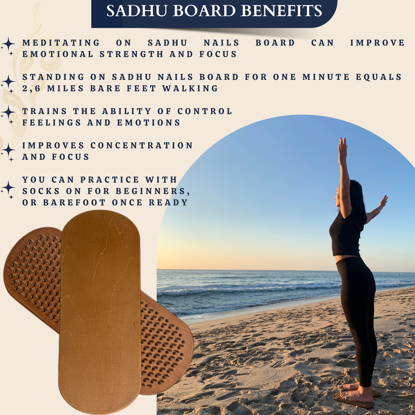 Sadhu Board with Aluminum Nails, Light Compact Sadhu Board, 0,39 In (10 mm), Handmade Wooden Sadhu Board for Standing on Feet, Acupuncture Massage, Yoga Gift