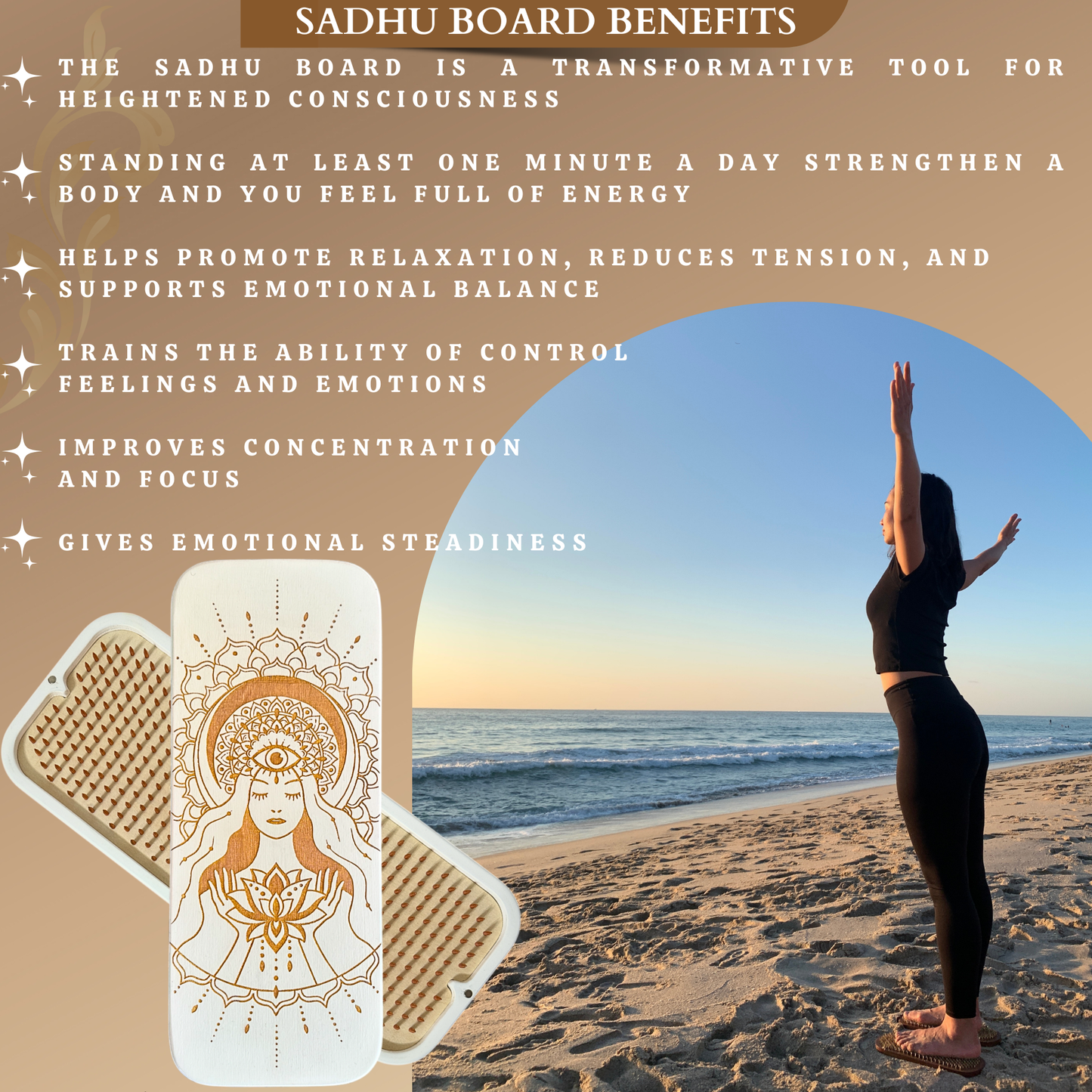 Sadhu Board, Premium Copper Nails, 0,39 In (10 mm), for Advanced Users, Light Foot Board, Wooden Nail Boards for Feet, Acupuncture Massage, Acupressure Mat, Nail Board, Yoga Gift (Lotus Flower White)