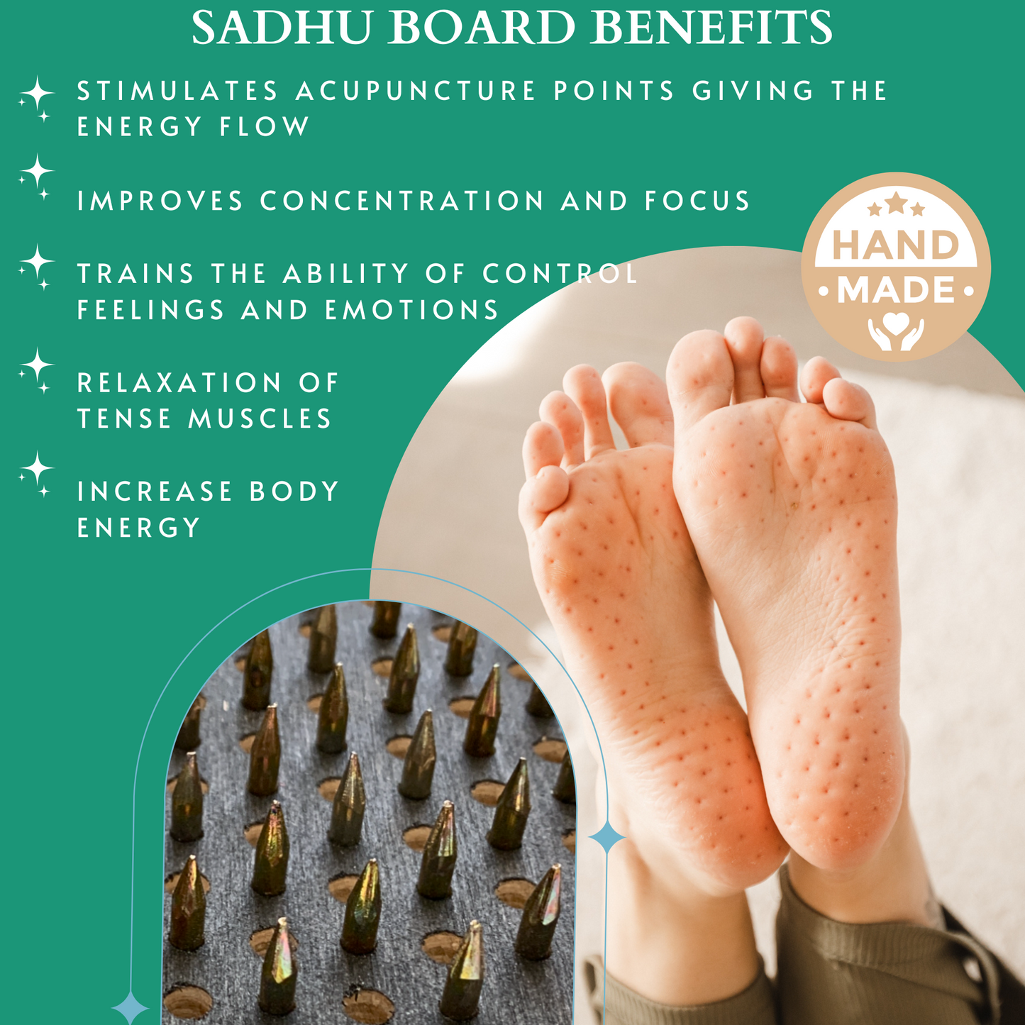 Sadhu Board for Standing nails, 0.39IN (10mm), Engraved Wooden Board, Compact Sadhu Board for Yoga Practice, Handmade Yoga Nails Board, Acupressure Foot Massage, Yoga Gift