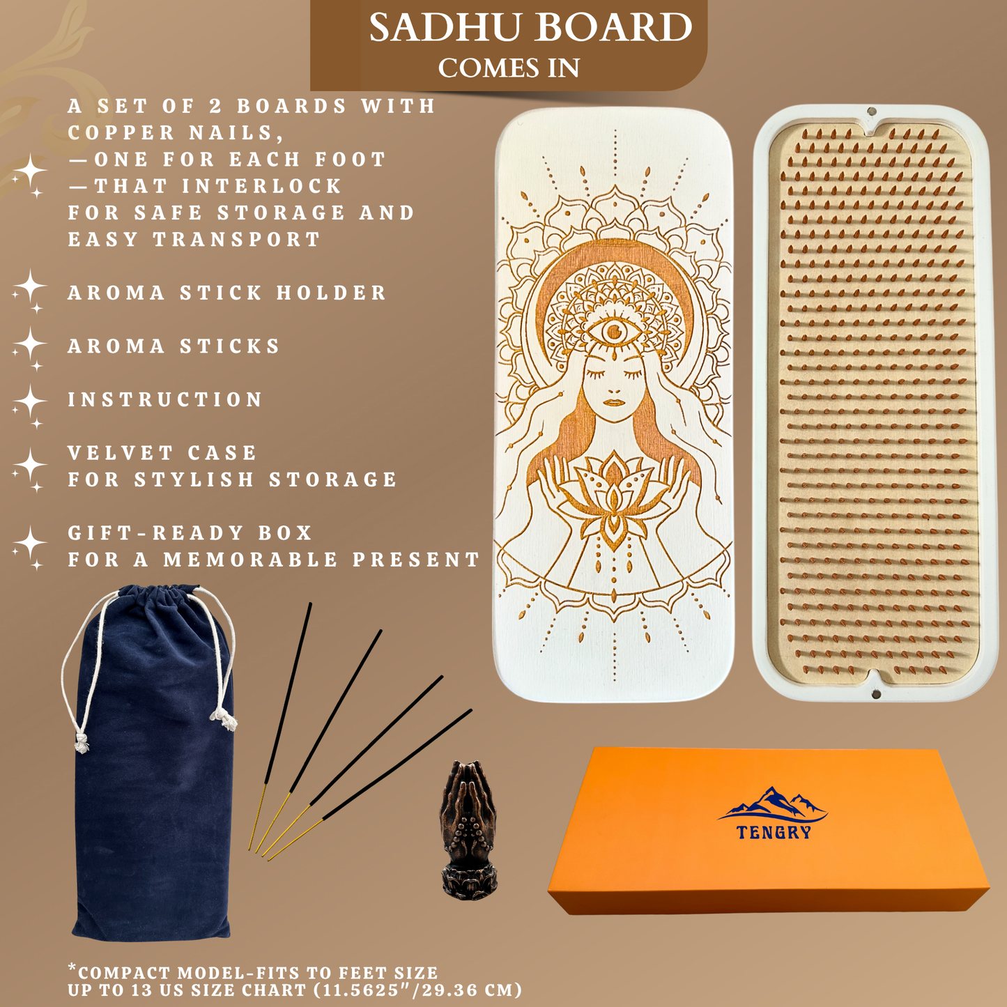 Sadhu Board with Copper Nails, 0.3 Inches (8 mm), Nail Boards for Feet, Slim Sadhu Wood Board for Yoga, Sadhu Nail Board, Yoga Gift