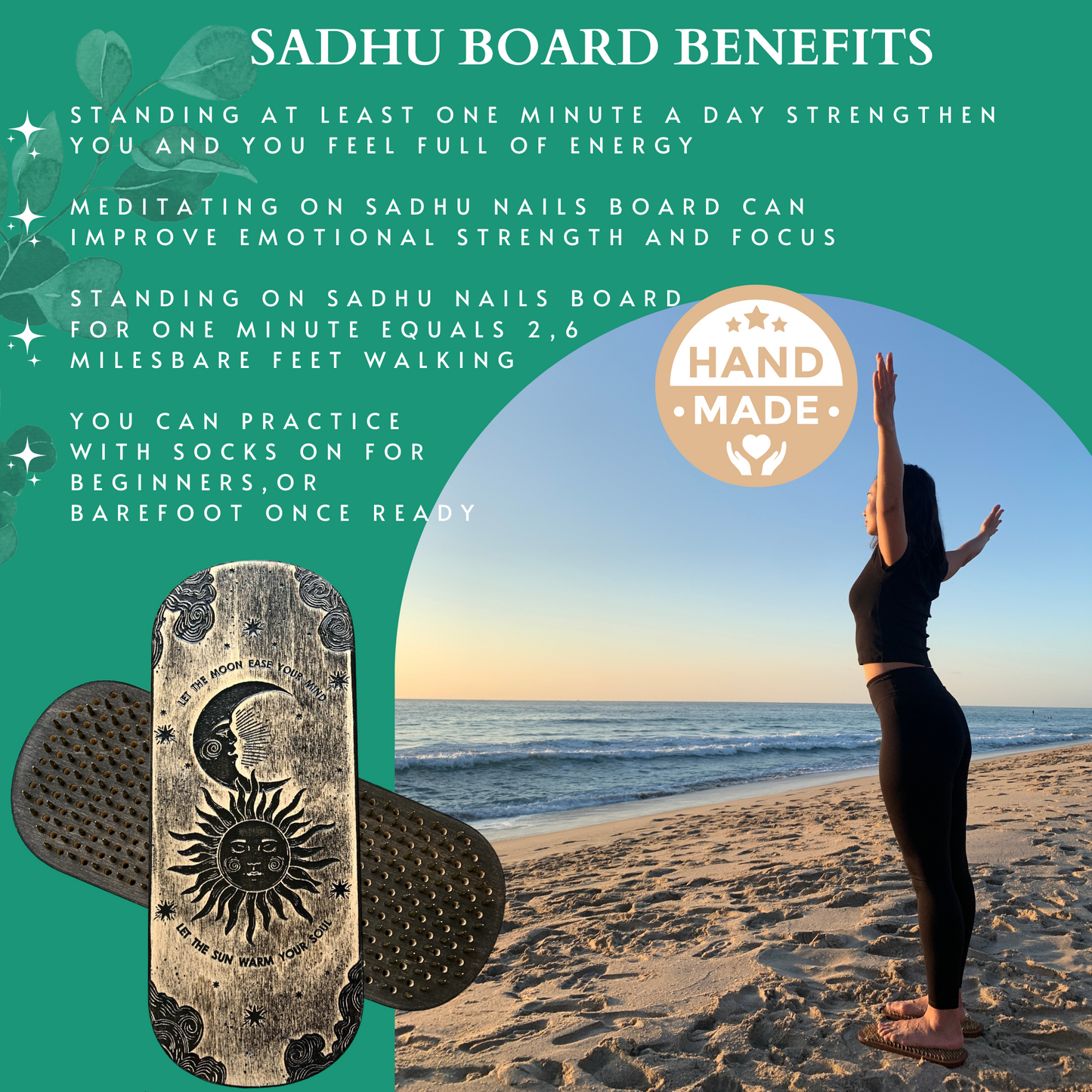 Sadhu Board for Standing nails, 0.39IN (10mm), Engraved Wooden Board, Compact Sadhu Board for Yoga Practice, Handmade Yoga Nails Board, Acupressure Foot Massage, Yoga Gift