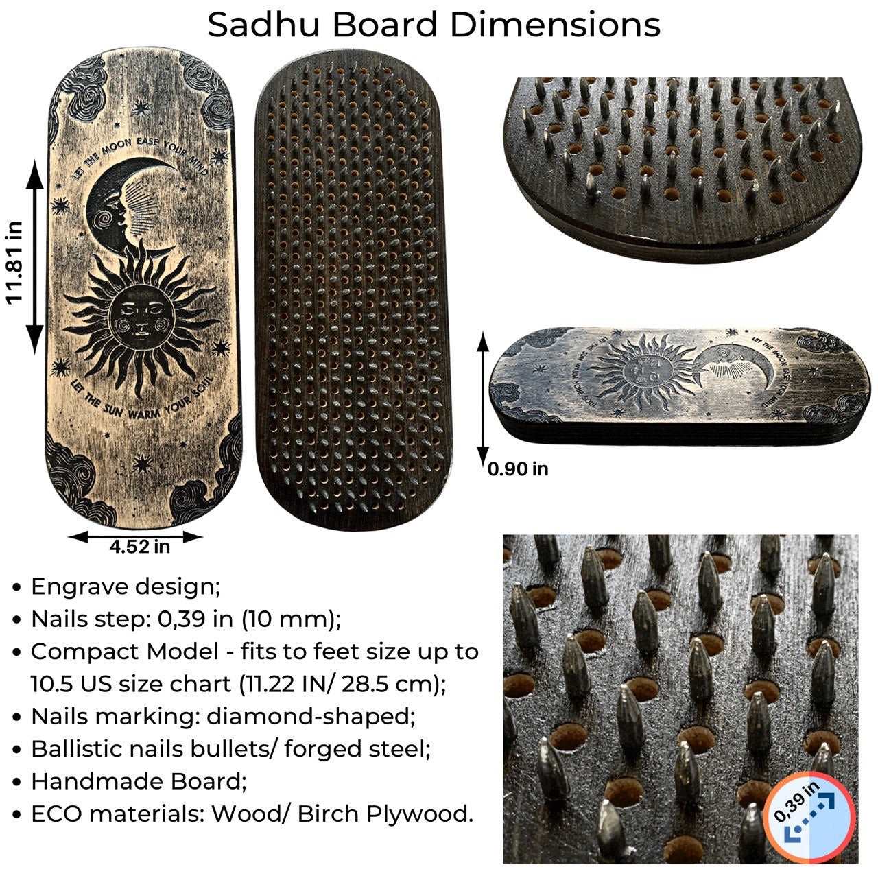 Compact Light Sadhu board - Moon and Sun, Yoga board, Nails board 0.4 in (10 mm)