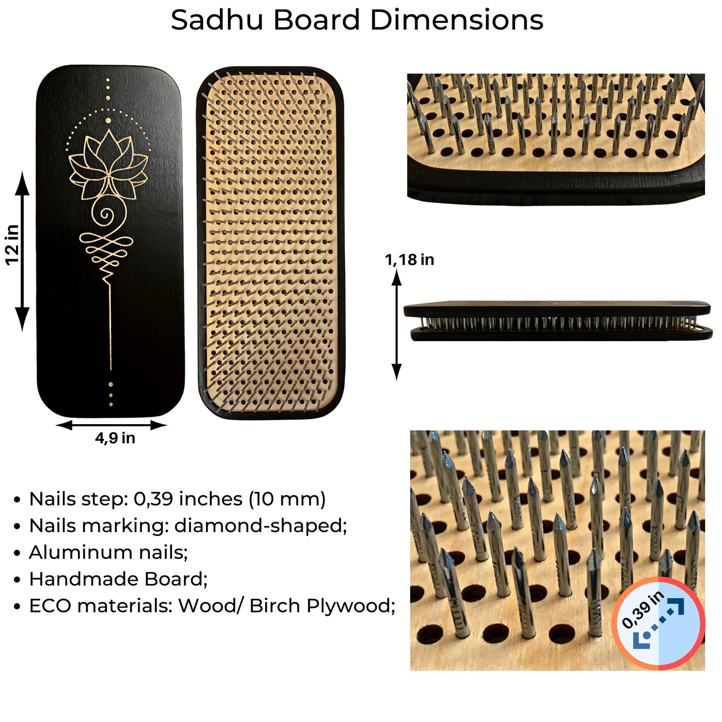 Sadhu Board with Light Aluminum Nails, Handmade, Yoga Gift, 10 mm