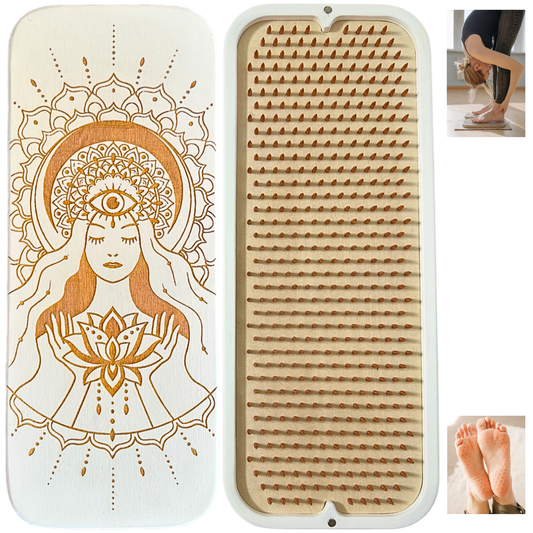 Tengry Sadhu board with copper nails, white with lotus flower engraving, for standing meditation