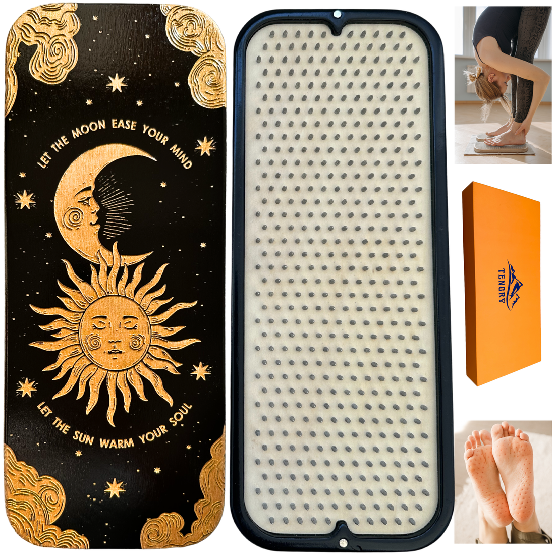 Tengry Sadhu board with aluminum nails, black with gold sun and moon engraving