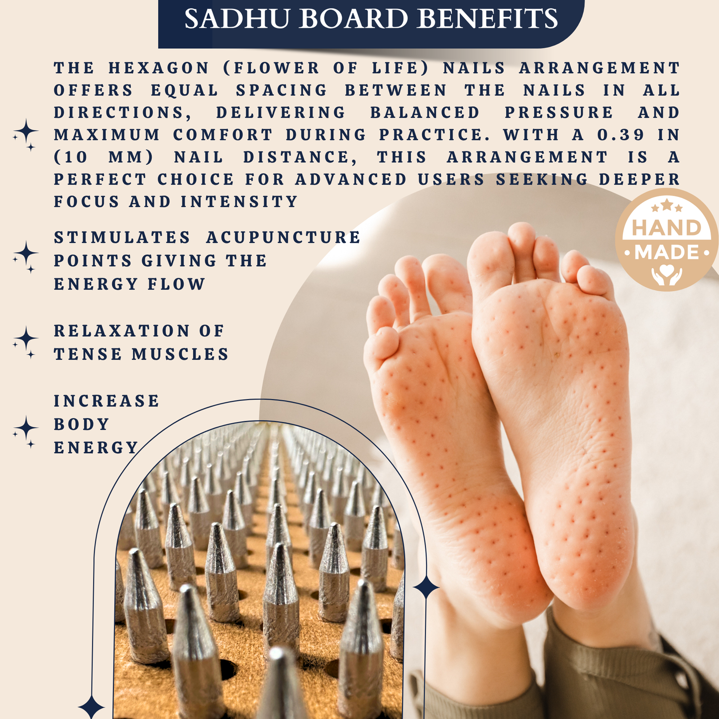 Sadhu Board with Specially Crafted Aluminum Nails, Light, Compact, Nails Board, 0,39 In (10 mm), Wooden Nail Board for Standing on Feet, Acupuncture Massage, Yoga Gift