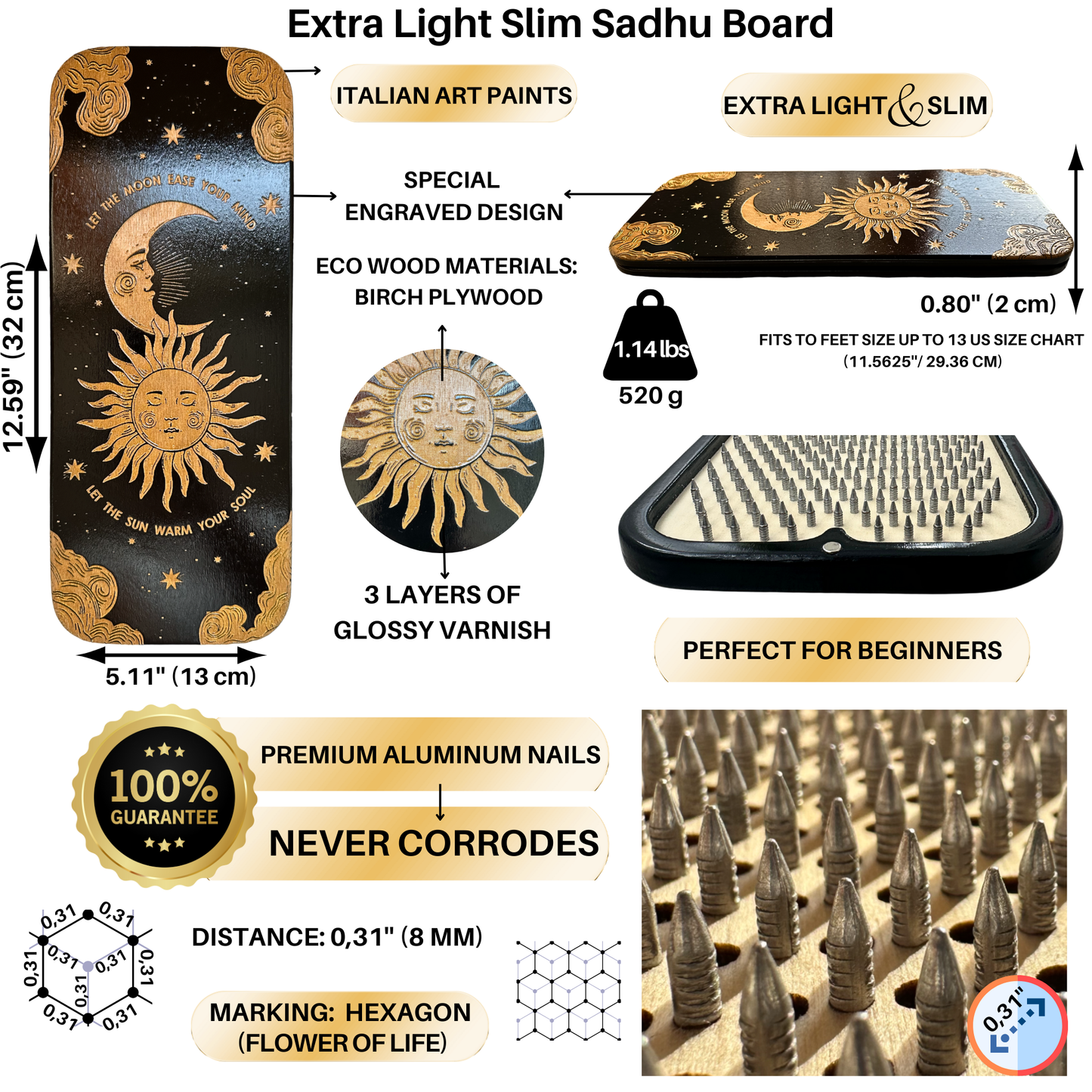 Sadhu Board with Aluminum Nails for Beginners 0.31 Inches (8 mm), Nail Boards for Feet, Sadhu Nail Board, Yoga Gift