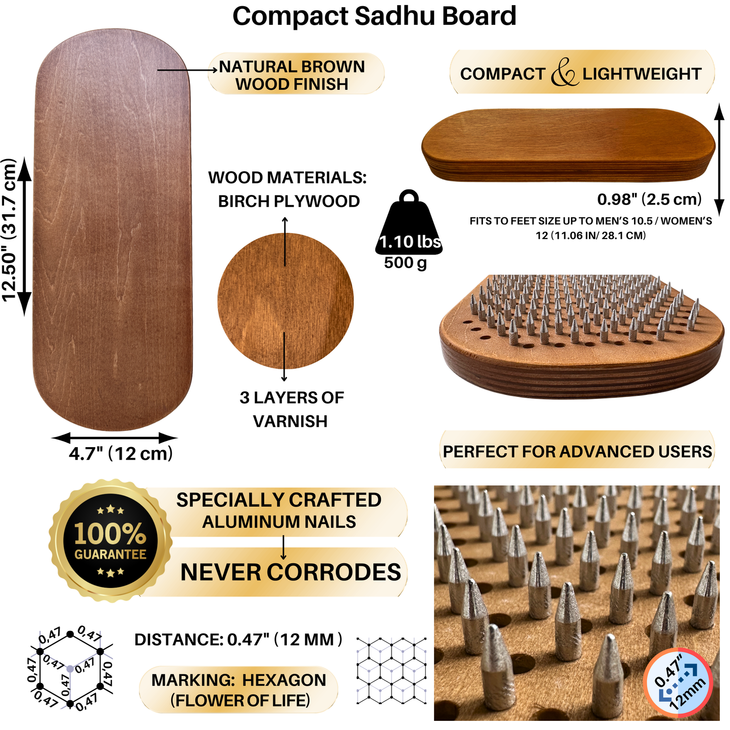 Sadhu Board, Special Aluminum Nails, 0,47 In (12 mm), for Advanced, Light Compact Foot Board, Wooden Nail Boards for Feet, Nail Board, Yoga Gift