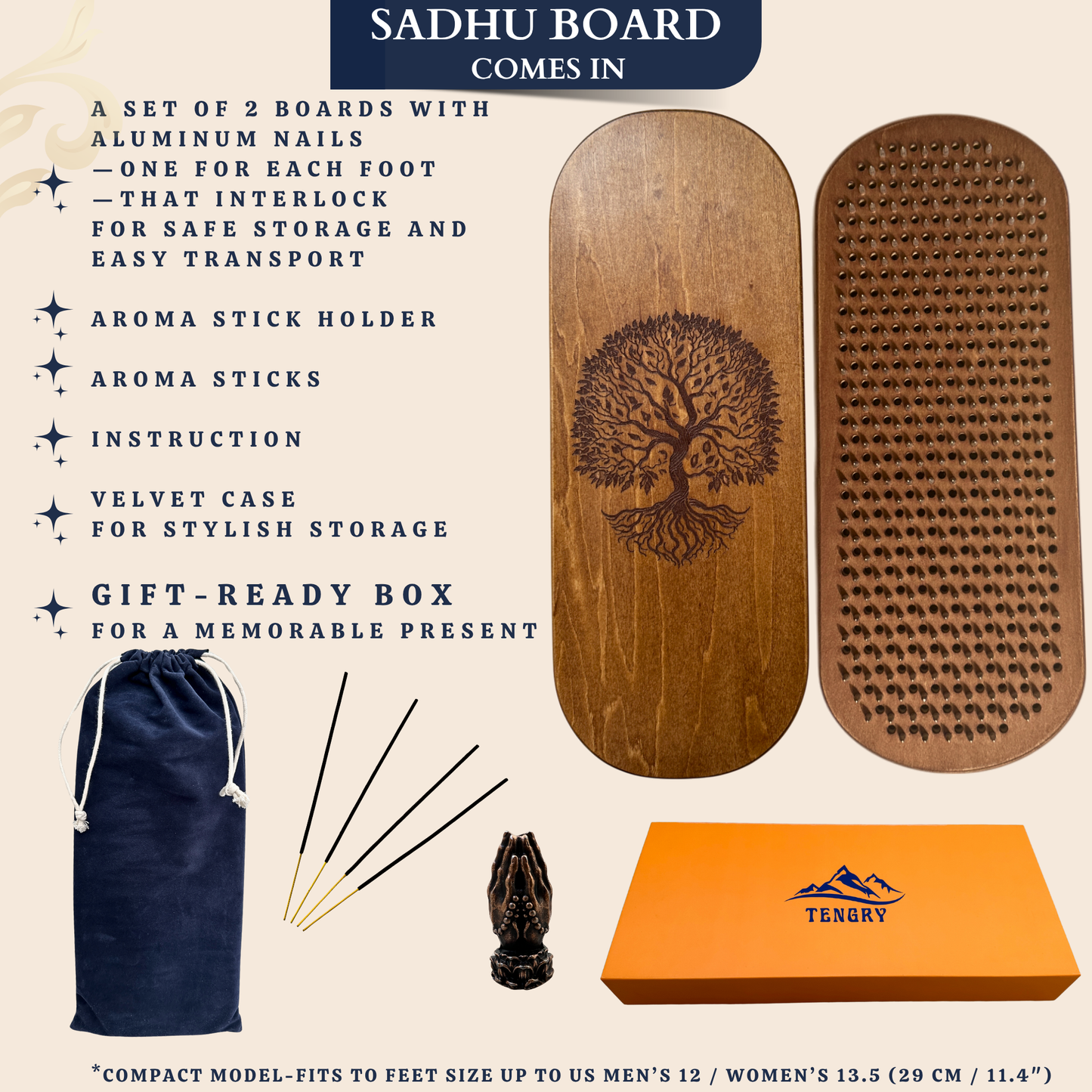 Sadhu Board with Specially Crafted Aluminum Nails, Light, Compact, Nails Board, 0,39 In (10 mm), Wooden Nail Board for Standing on Feet, Acupuncture Massage, Yoga Gift
