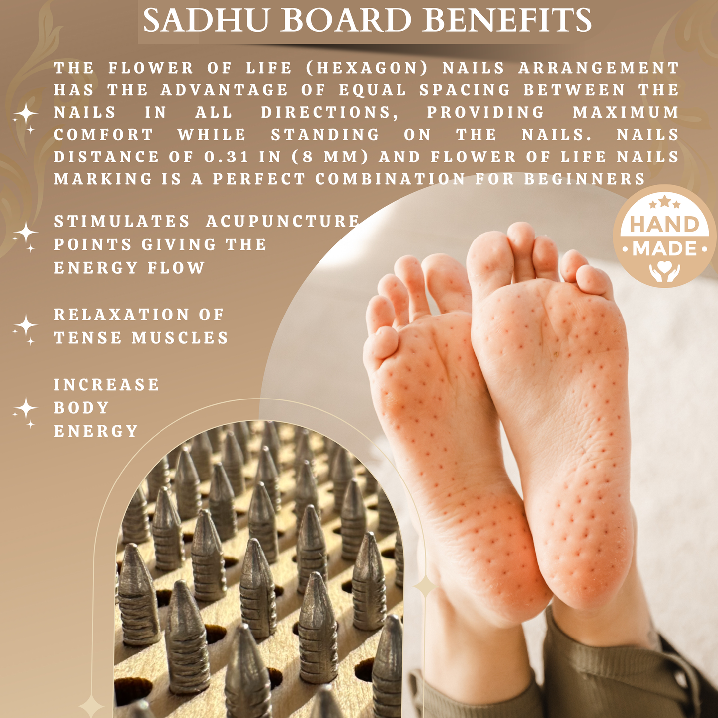 Sadhu Board with Aluminum Nails for Beginners 0.31 Inches (8 mm), Nail Boards for Feet, Sadhu Nail Board, Yoga Gift