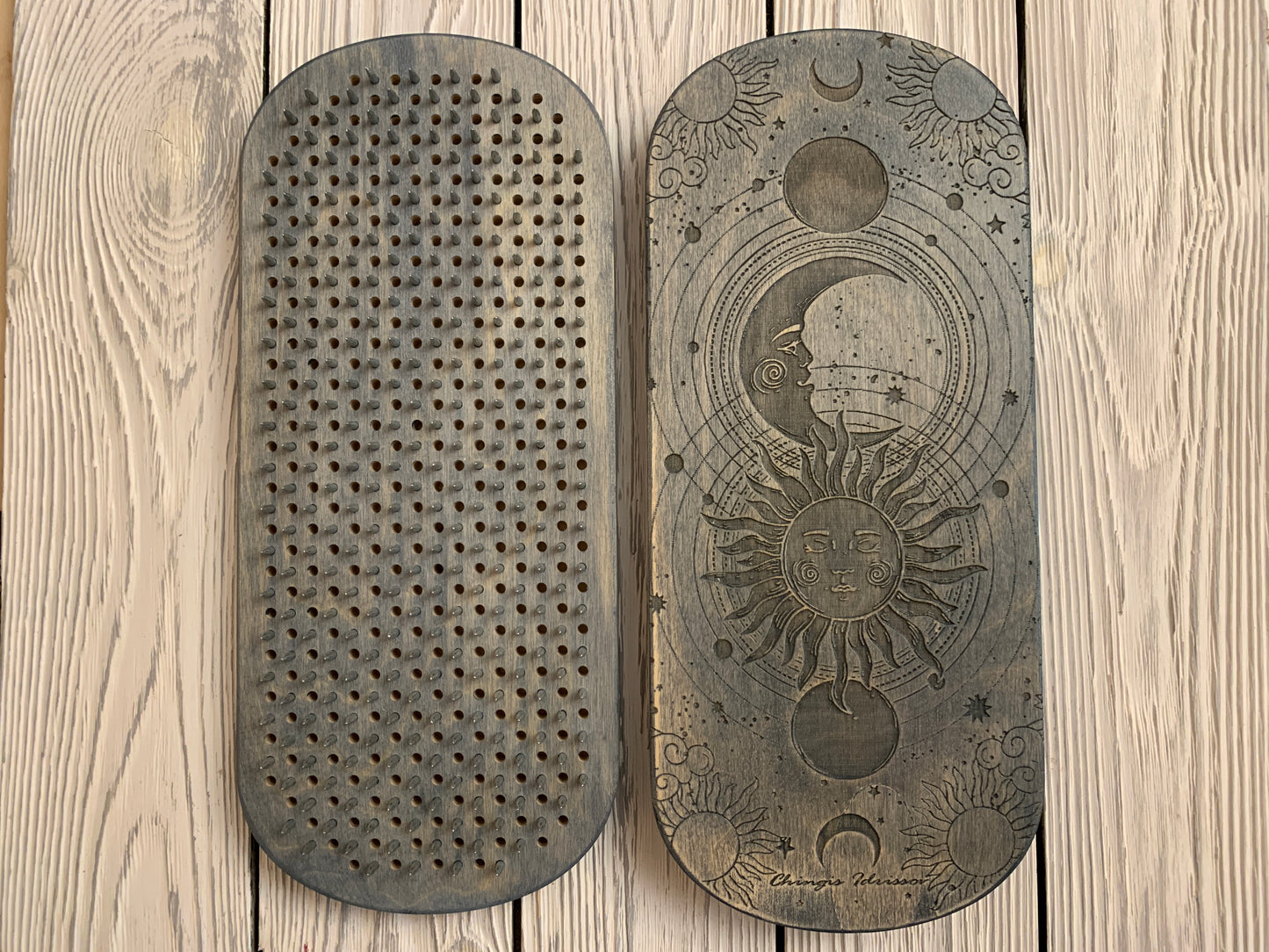 Sadhu board with Ballistic Nails bullets and forged steel. Sun and Moon, 10 mm